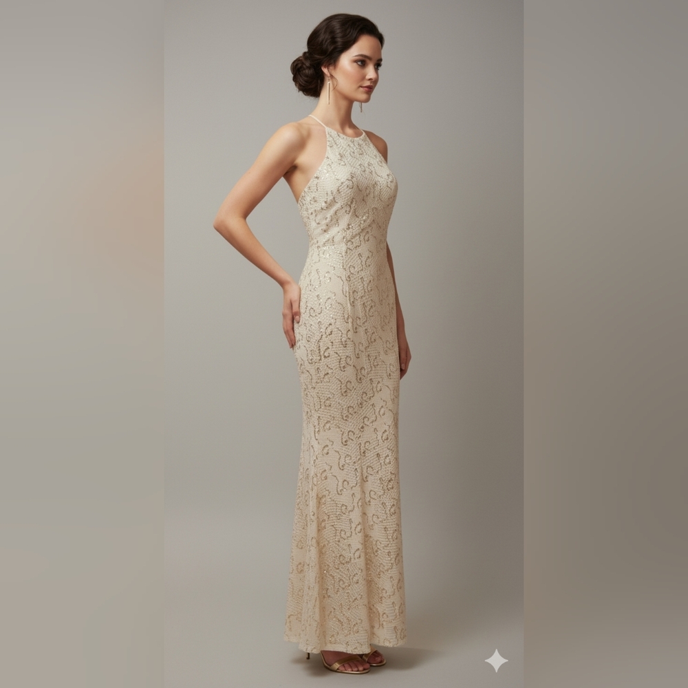 Bailey Blue Womens NWT Ivory Cream Halter Sequins Maxi Mermaid Dress Size Medium
